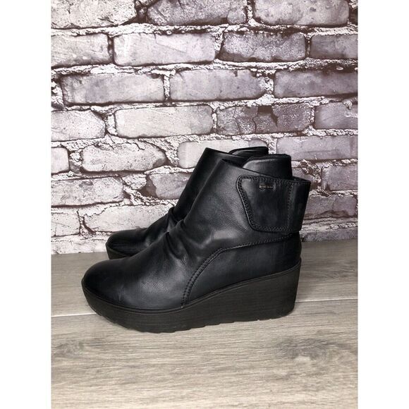IGI&CO Black Leather High Wedge Strap Booties Boots Women Sz 37EU/6.5M US - Picture 1 of 16